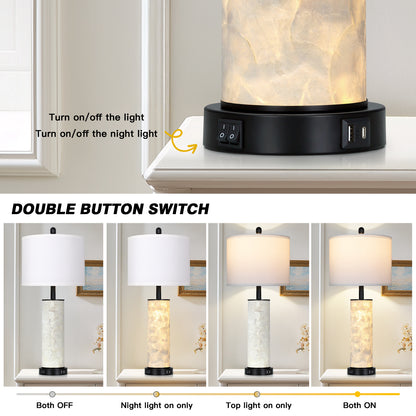 Cinkeda 29" Seashell Table Lamp Set of 2, Coastal Bedside Nightstand Lamps with USB A+C Ports & Dual Night Light, LED Bulbs Included for Living Room(Black)
