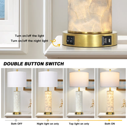 Cinkeda 29" White Seashell Table Lamp Set of 2, Coastal Bedside Nightstand Lamps with USB A+C Ports & Dual Night Light, LED Bulbs Included for Living Room(Gold))
