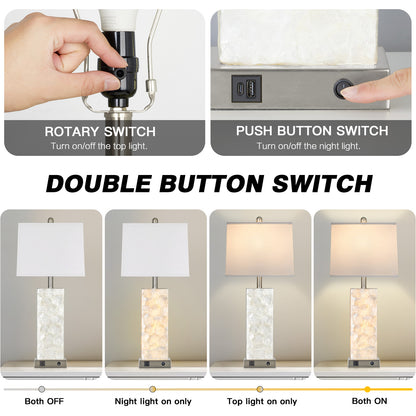 Cinkeda 28" Nickel Seashell Table Lamps Set of 2, Dual Switch Bedside Nightstand Lamps with USB & Type-C Ports, Night Light for Living Room