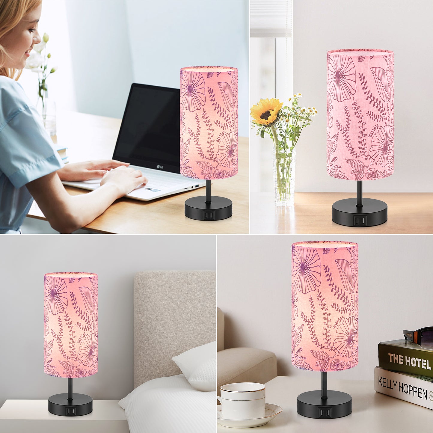 Cinkeda 15" Touch Control Small Table Lamp with Dual USB Ports, Pink Floral Print Shade & 3-Way Dimmable Bedside Nightstand Lamp for Bedroom Living Room (1 Bulb Included)