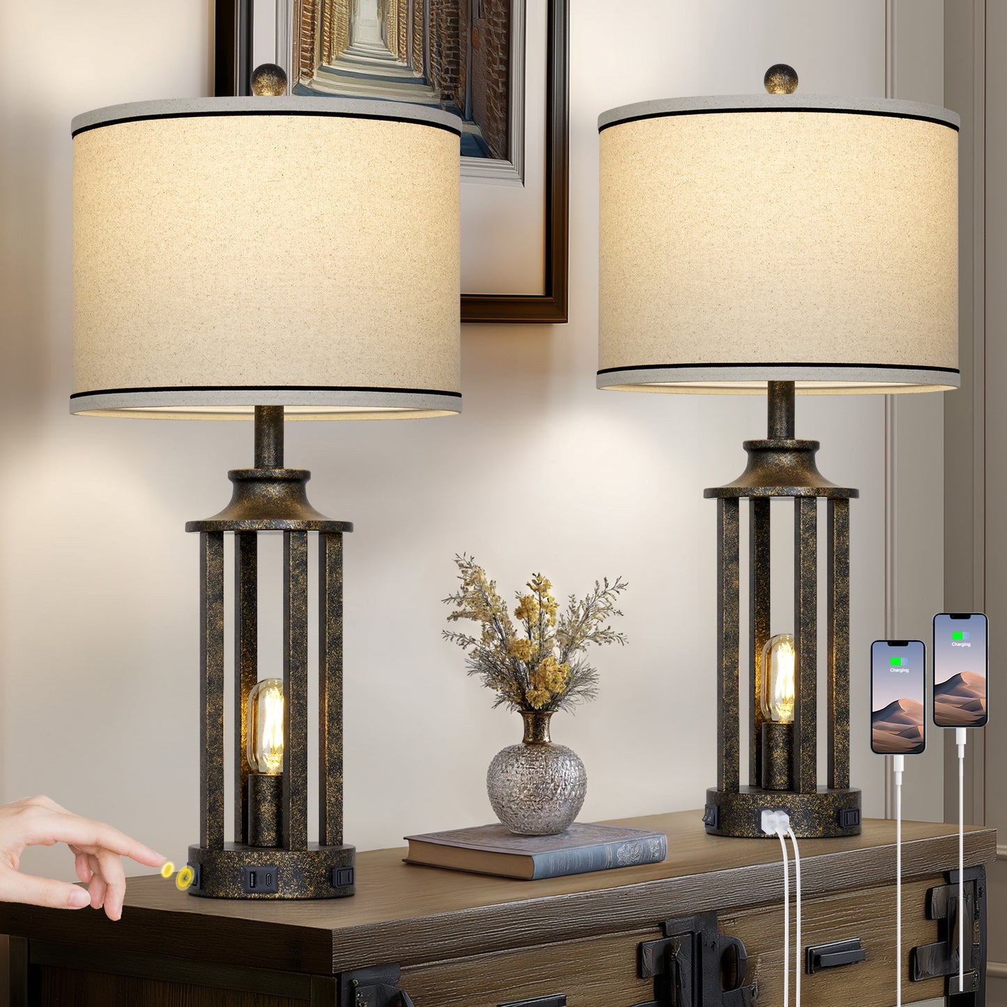 Industrial Dual Lighting Table Lamp with USB-C & AC Outlets, Vintage Metal Cage Design(Set of 2)