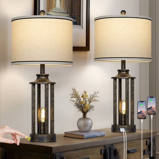 Industrial Dual Lighting Table Lamp with USB-C & AC Outlets, Vintage Metal Cage Design(Set of 2)