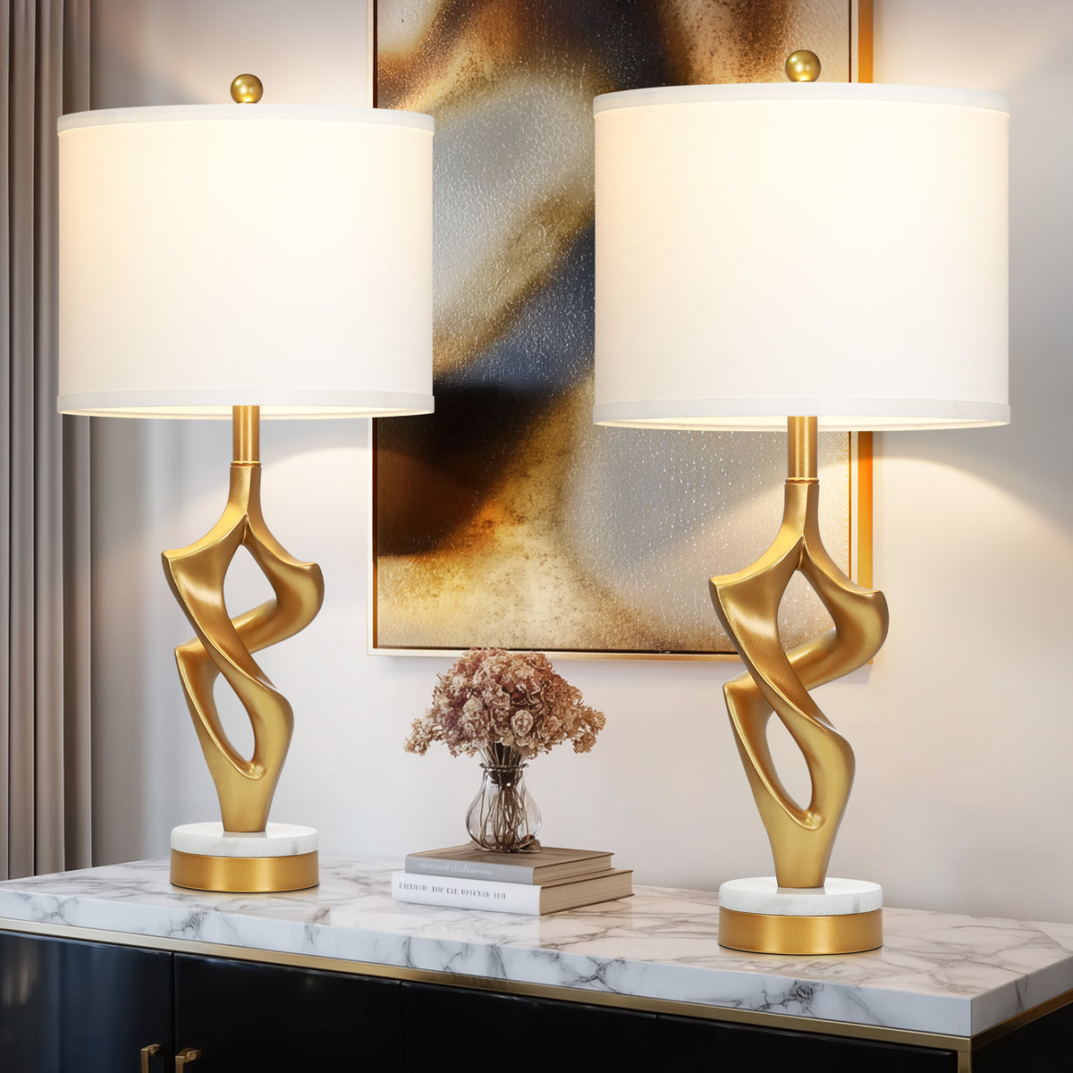 Cinkeda 29" Gold Table Lamp Set of 2, 3-Color Temperature Dimmable Bedside Nightstand Lamps with Marble & Metal Base for Living Room Bedroom, LED Bulbs Included