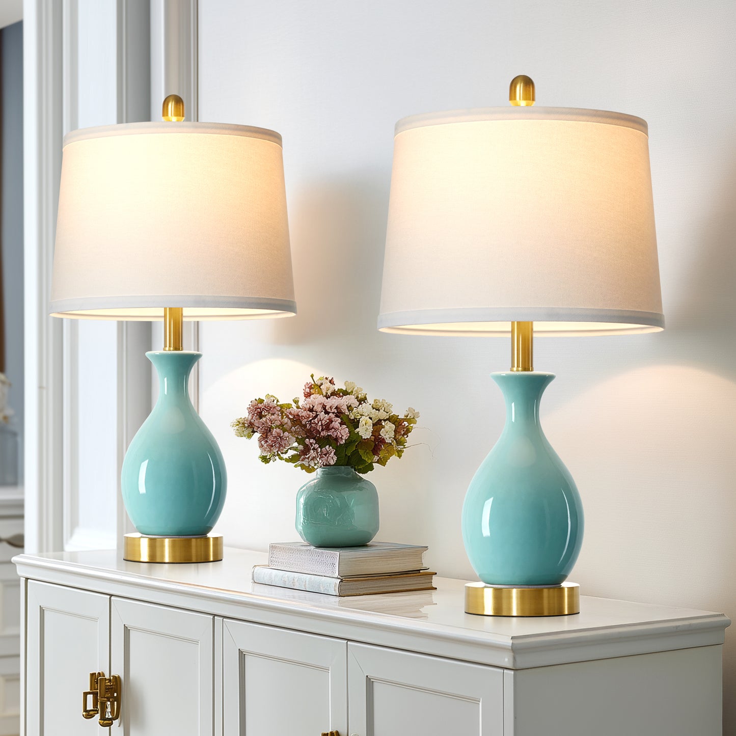 Cinkeda 24" Aqua Blue Ceramic Table Lamps Set of 2, Modern Classic Bedside Lamp with Gold Accents for Living Room Bedroom