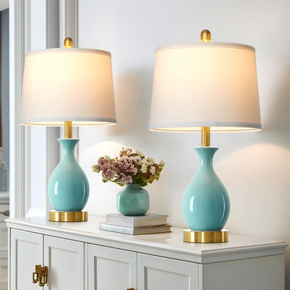 Cinkeda 24" Aqua Blue Ceramic Table Lamps Set of 2, Modern Classic Bedside Lamp with Gold Accents for Living Room Bedroom