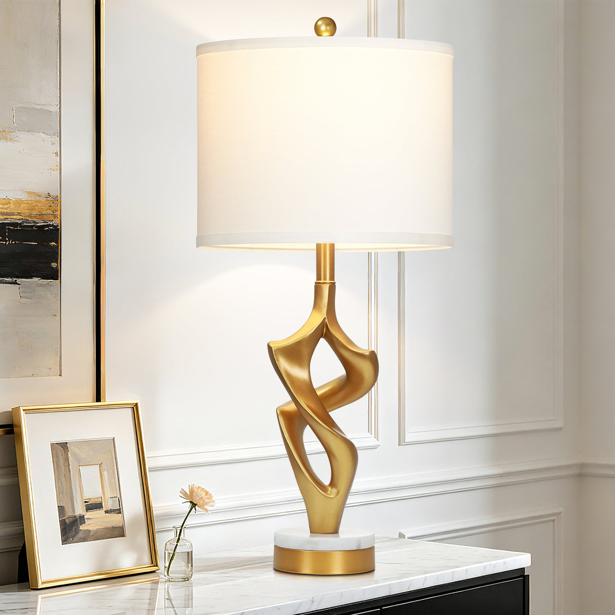 Cinkeda 29" Gold Table Lamp, 3-Color Temperature Dimmable Nightstand Lamp with Marble & Metal Base for Living Room Bedroom, LED Bulb Included