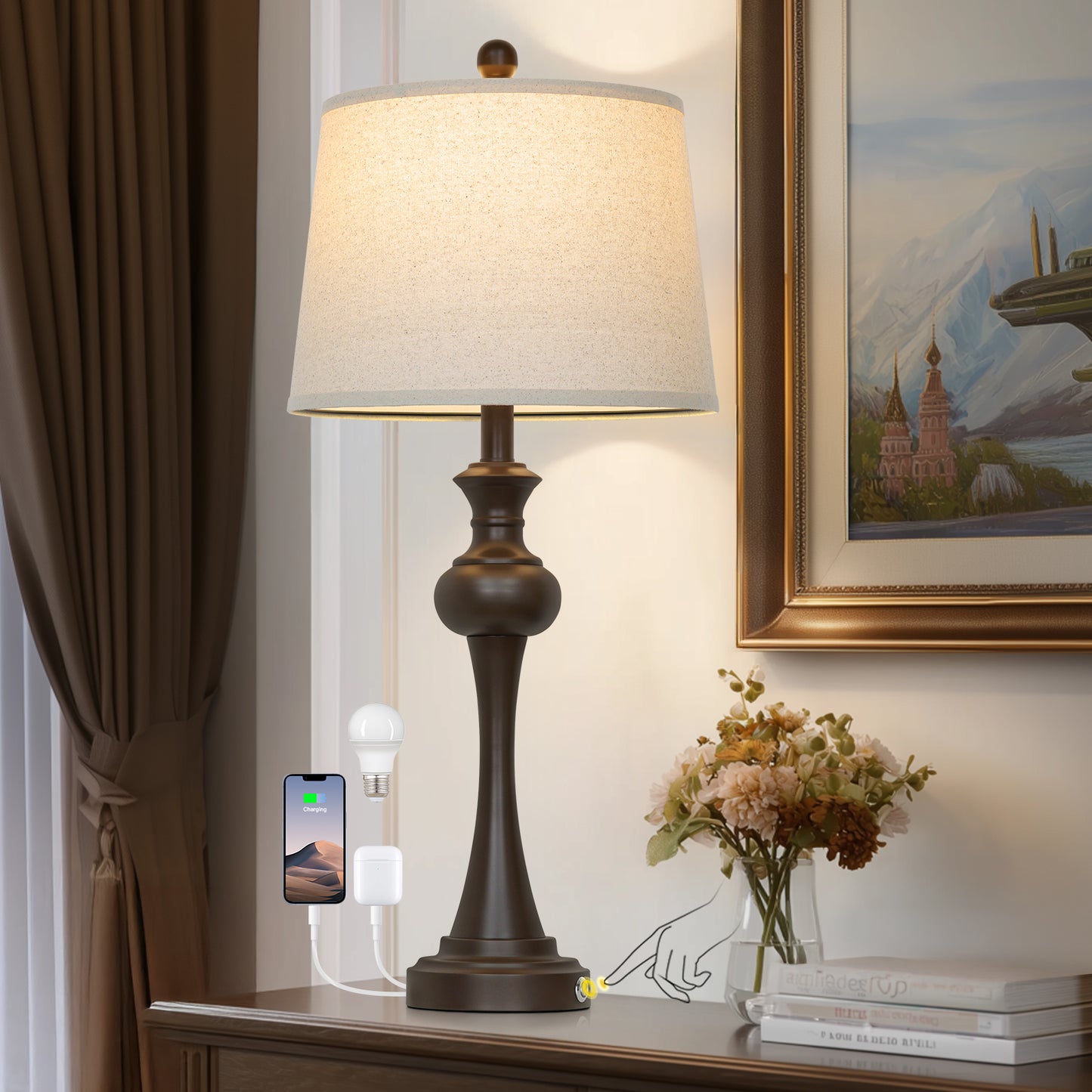 Cinkeda 29.5" Tall Single Table Lamp for Living Room Bedroom with USB C+A Ports AC Outlet Modern Brown 3 Way Dimmable Touch Control Nightstand Bedside Lamp（副本）