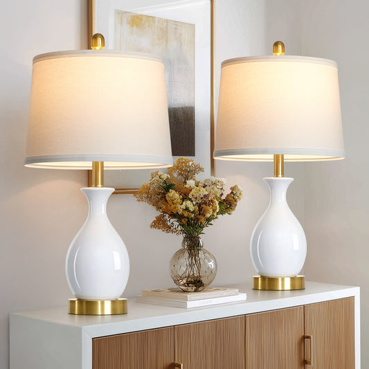 Cinkeda 24" White Ceramic Table Lamps Set of 2, Modern Classic Bedside Lamp with Gold Accents for Living Room Bedroom