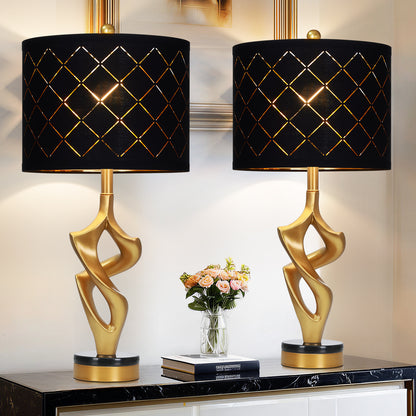 Cinkeda 29" Black and Gold Table Lamp Set of 2, 3-Color Temperature Dimmable Nightstand Lamps with Mesh Lampshade for Living Room Bedroom, LED Bulbs Included
