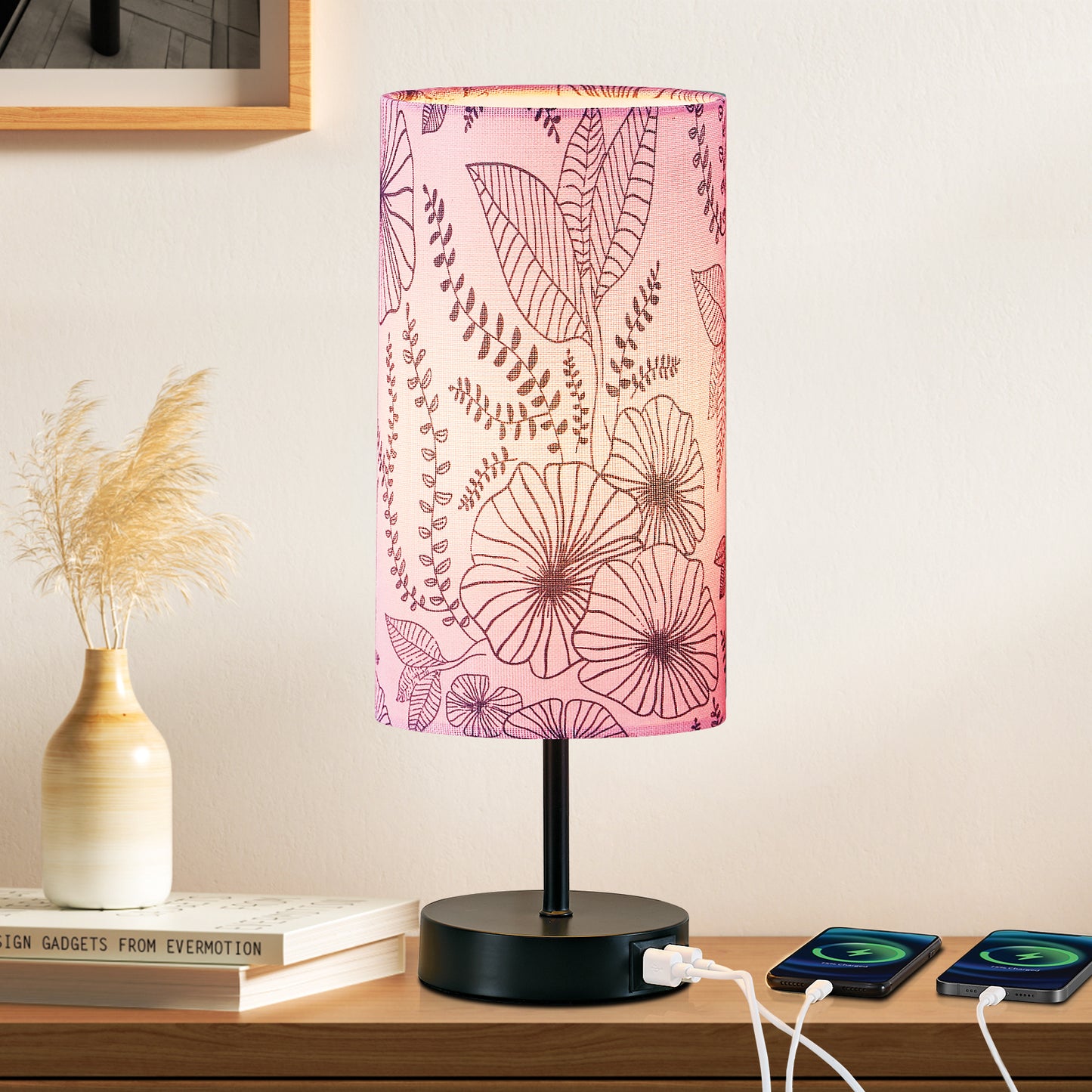 Cinkeda 15" Touch Control Small Table Lamp with Dual USB Ports, Pink Floral Print Shade & 3-Way Dimmable Bedside Nightstand Lamp for Bedroom Living Room (1 Bulb Included)