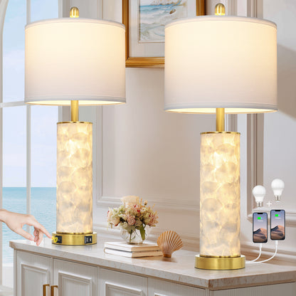 Cinkeda 29" White Seashell Table Lamp Set of 2, Coastal Bedside Nightstand Lamps with USB A+C Ports & Dual Night Light, LED Bulbs Included for Living Room(Gold))