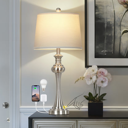 Cinkeda Single Table Lamp for Bedroom Living Room 28.75" Modern Silver 3 Way Dimmable Touch Control Nightstand Bedside Lamp with USB C+A Ports AC Outlet