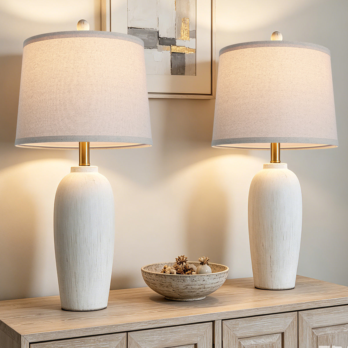Cinkeda 26" Vintage White Ceramic Table Lamp, Olive-Shaped Retro Bedside Lamp for Bedroom Nightstand Living Room, Includes 2 LED Bulbs