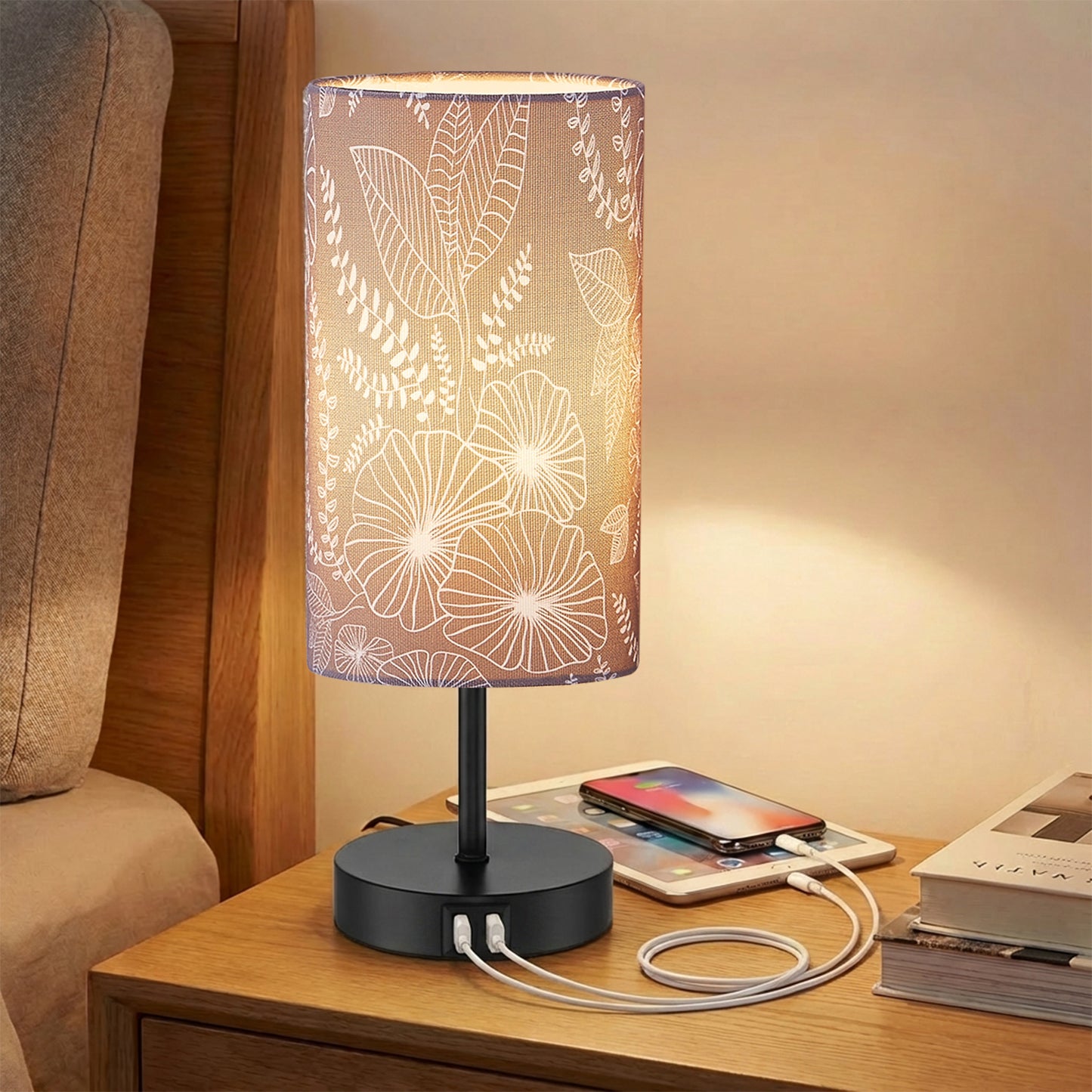 Cinkeda Small Table Lamp 3 Way Dimmable Touch Bedside Lamp with 2 USB Ports for Bedroom Living Room, Gray