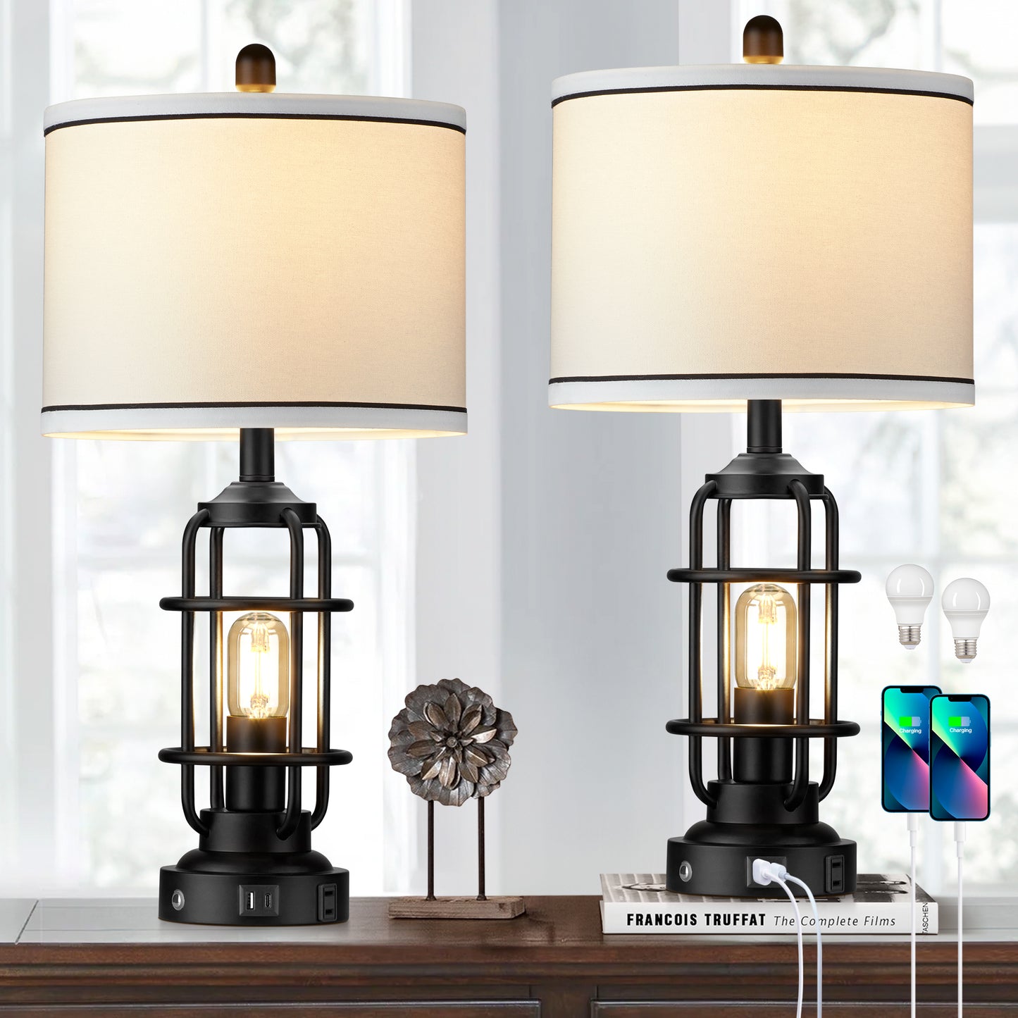 Cinkeda Modern Table Lamps with USB A+C Ports AC Outlet 3 Way Dimmable Touch Control Nightlight Black Industrial Bedside Lamp Set of 2 for Living Room Bedroom