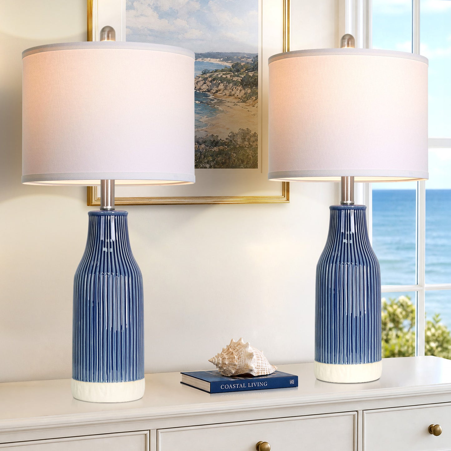 Cinkeda 24.5" Royal Blue Ceramic Table Lamps Set of 2, 2-Level Rotary Switch Bedside Nightstand Lamps with Bottle-Shaped Vertical Ribbed Design & Nickel Base for Living Room