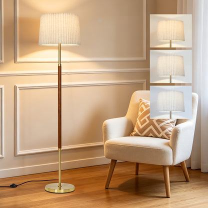 Cinkeda 65" Mid-Century Modern Wood Floor Lamp, Gold Standing Lamp with 2 Fabric Shades, 3-Color Temp & Foot Switch for Living Room Bedroom, LED Bulb Included