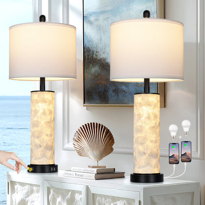 Cinkeda 29" Seashell Table Lamp Set of 2, Coastal Bedside Nightstand Lamps with USB A+C Ports & Dual Night Light, LED Bulbs Included for Living Room(Black)