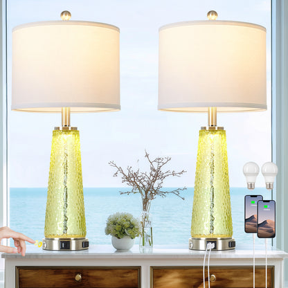Cinkeda 26" Yellow Speckled Glass Table Lamps Set of 2, Modern Touch Control Table Lamp with USB A+C Charging Ports, Nightstand Lamp for Bedroom Living Room Decor