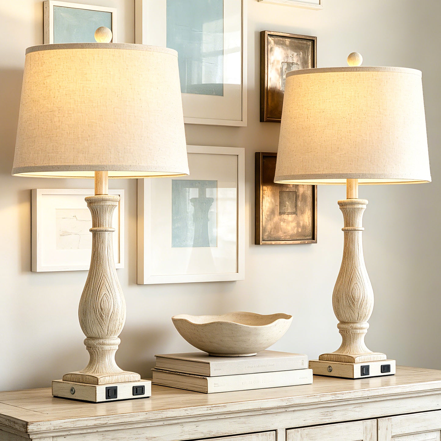 Cinkeda 27.5" Beige Resin Table Lamps Set of 2, 3-Level Touch Control Bedside Nightstand Lamps with USB & Type-C Ports, AC Outlet for Living Room