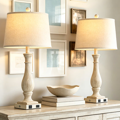 Cinkeda 27.5" Beige Resin Table Lamps Set of 2, 3-Level Touch Control Bedside Nightstand Lamps with USB & Type-C Ports, AC Outlet for Living Room