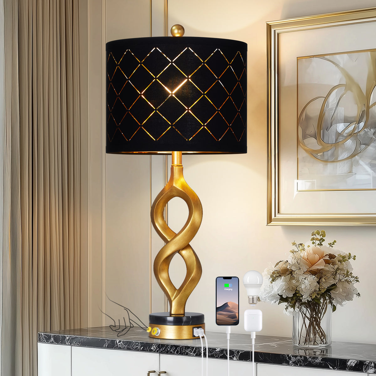 Cinkeda 30" Black and Gold Table Lamp, Modern Touch Control Dimmable Bedside Nightstand Lamp with USB A+C Ports & LED Bulb for Bedroom Living Room