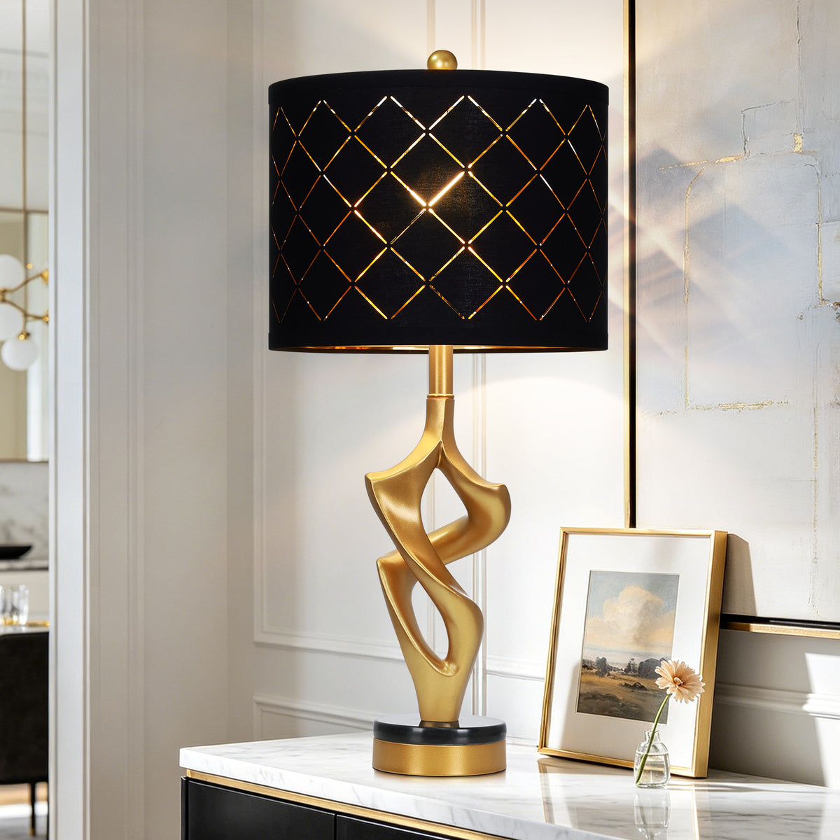 Cinkeda 29" Gold Resin Table Lamp, 2-Level Rotary Switch with 3-Color Temp Dimmable Bulb & Marble Base for Living Room Bedroom