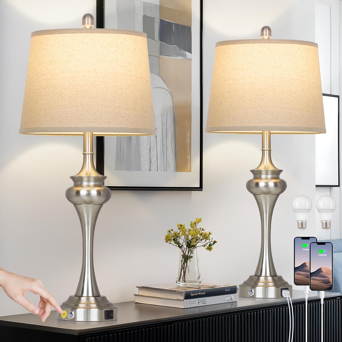 Cinkeda 30" Tall Table Lamps Set of 2, Silver Industrial Design with 3-Way Touch Dimming & USB/Type-C Ports for Bedroom Living Room