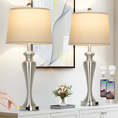 30" Classic Table Lamp, Silver Base with USB/Type-C & AC Outlet, Linen Shade, E26 Dimmable LED Bulb Included, 3-Way Touch Switch for Bedroom/Living Room(Set of 2)
