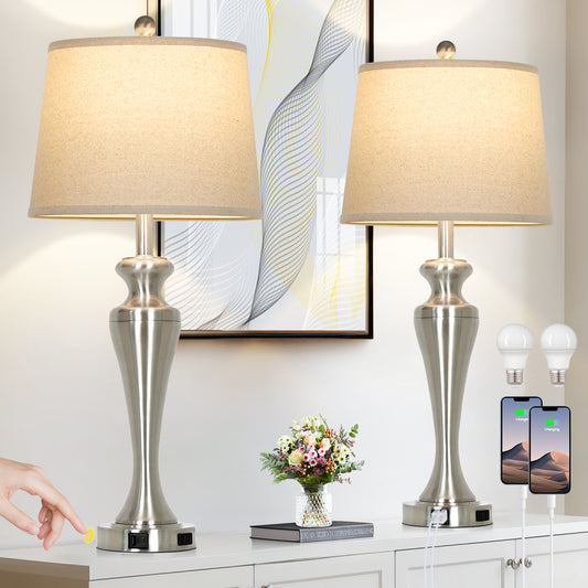 30" Classic Table Lamp, Silver Base with USB/Type-C & AC Outlet, Linen Shade, E26 Dimmable LED Bulb Included, 3-Way Touch Switch for Bedroom/Living Room(Set of 2)
