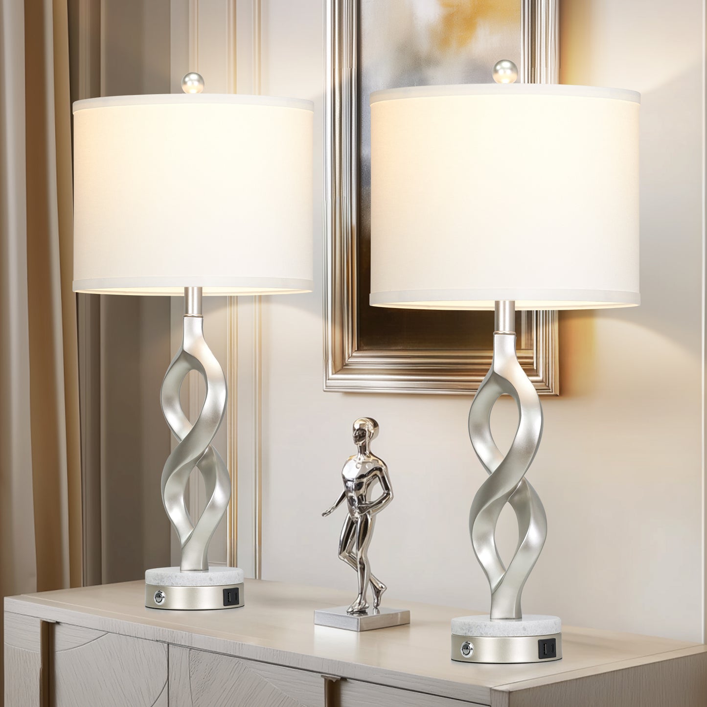 Cinkeda Silver Table Lamps 2 Pack, 30 Inch Touch Control Nightstand Lamp with USB A+C, Dimmable LED Modern Sculptural Lamp for Bedroom Living Room