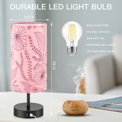 Cinkeda 15" Touch Control Small Table Lamp with Dual USB Ports, Pink Floral Print Shade & 3-Way Dimmable Bedside Nightstand Lamp for Bedroom Living Room (1 Bulb Included)