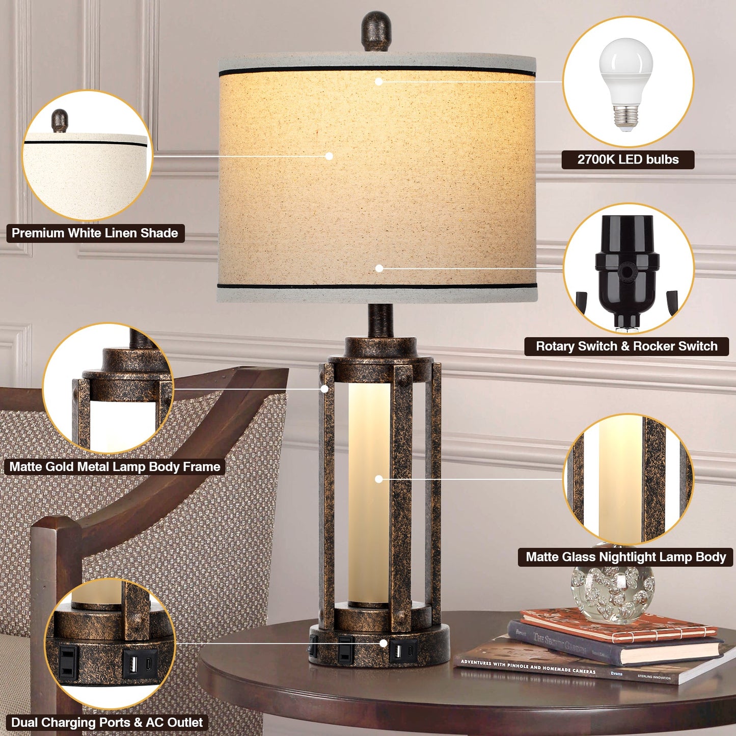 Black Gold Matte Metal Table Lamp with Roman-Cylinder Glass 2-in-1 Nightlight (Set of 2)