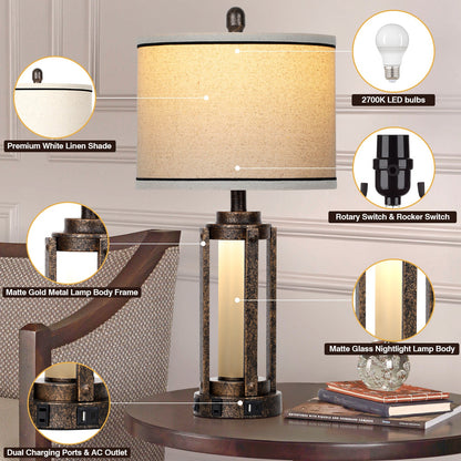 Black Gold Matte Metal Table Lamp with Roman-Cylinder Glass 2-in-1 Nightlight (Set of 2)