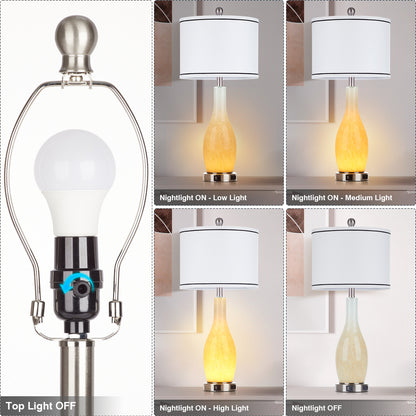 2-in-1 table lamp with nightlight. Nattierblue glass vase style body. Charging port & AC outlet. Drum shade, touch switch (Set of 2)