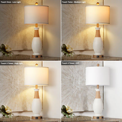 White Resin Table Lamp with Gooseneck, Touch Dimming, USB & Type C Ports, AC Outlet, No Strobe (Set of 2)