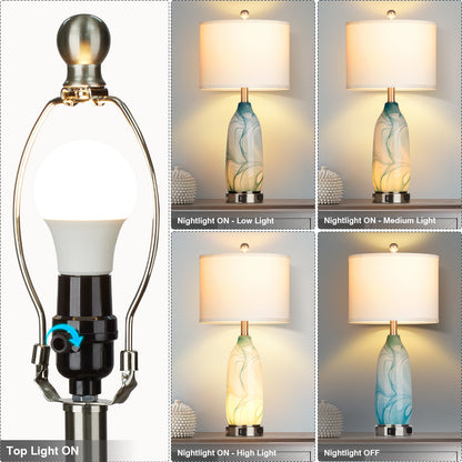 2-in-1 table lamp with nightlight. Blue glass lamp body. Charging ports & AC outlet. Drum shade. Touch switch (Set of 2)