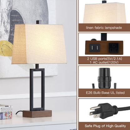 Cinkeda Set of 2 Modern Black Metal Table Lamps, 23.5" Tall with Dual USB Ports & AC Plug, On/Off Switch Bedside Lamp for Bedroom