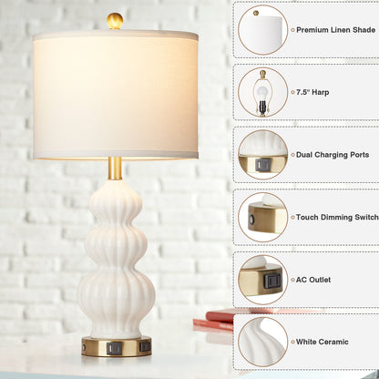White Ceramic Cucurbit Style Table Lamp with 3-Way Touch Dimming Switch, USB Type C Charging Ports and AC Outlet (Set of 2)