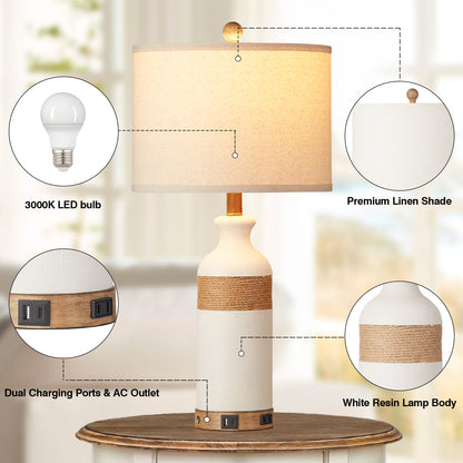 White resin table lamp Touch dimming switch USB & Type-C ports AC outlet No strobe (Set of 2)