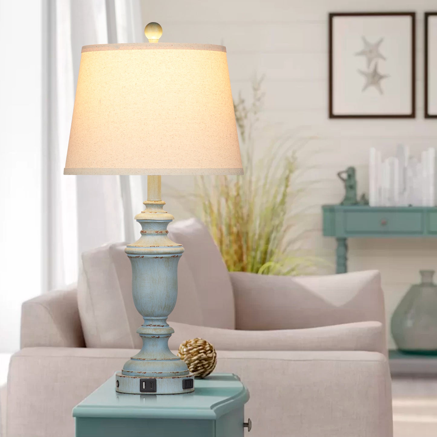 Blue resin tilted drum shade table lamps with a 3 - way touch dimming switch, USB Type - C charging ports and an AC outlet (Set of 2)