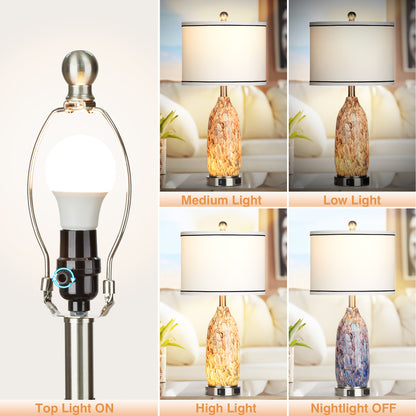 2-in-1 table lamp with nightlight. Indigo glass body. Charging ports & AC outlet. Drum shade, touch dimming switch (Set of 2)