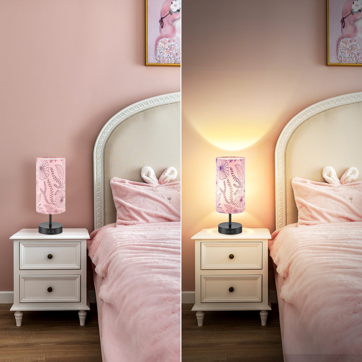 Cinkeda 15" Touch Control Small Table Lamp with Dual USB Ports, Pink Floral Print Shade & 3-Way Dimmable Bedside Nightstand Lamp for Bedroom Living Room (1 Bulb Included)