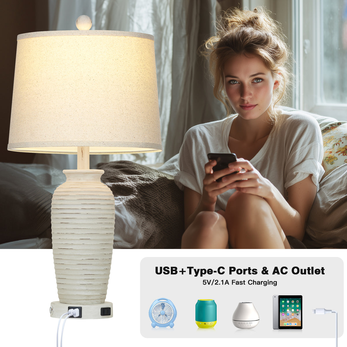 Cinkeda Set of 2 Dimmable Touch Control Table Lamps with USB-C & AC Outlet, 25-inch Retro Resin White Jar Lamps for Bedroom Nightstand, Living Room
