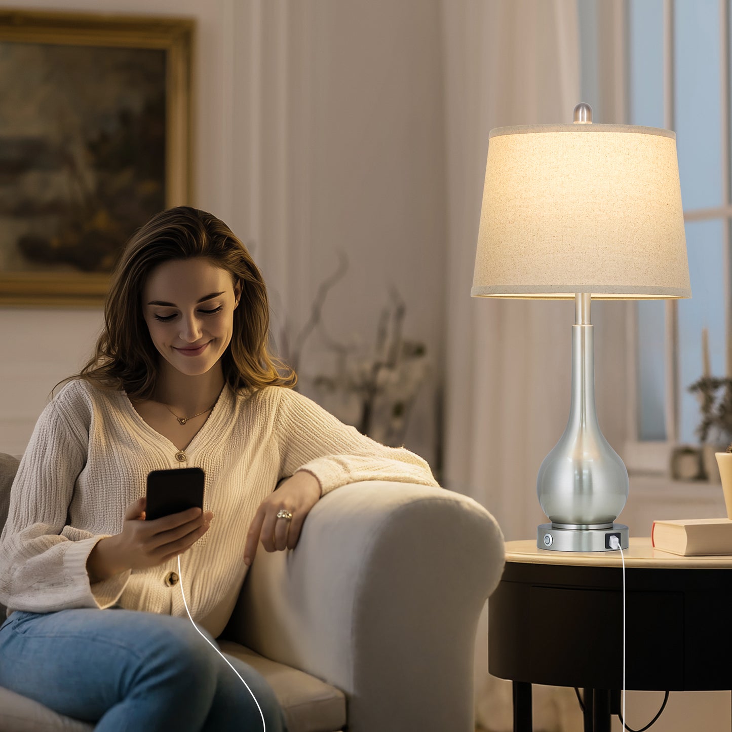 Cinkeda Table Lamps Set of 2 Modern Nightstand Bedside Touch Lamps for Bedroom Living Room with USB A+C, Silver