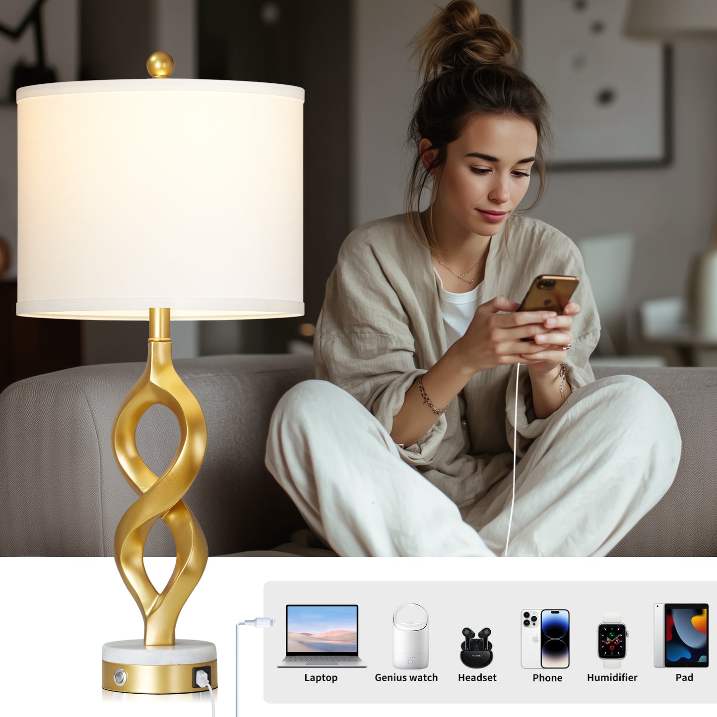 Cinkeda 30" Modern Table Lamps Set of 2 with USB A+C Ports, 3-Way Dimmable Touch Control Resin Bedside Lamps for Bedroom Nightstand Living Room