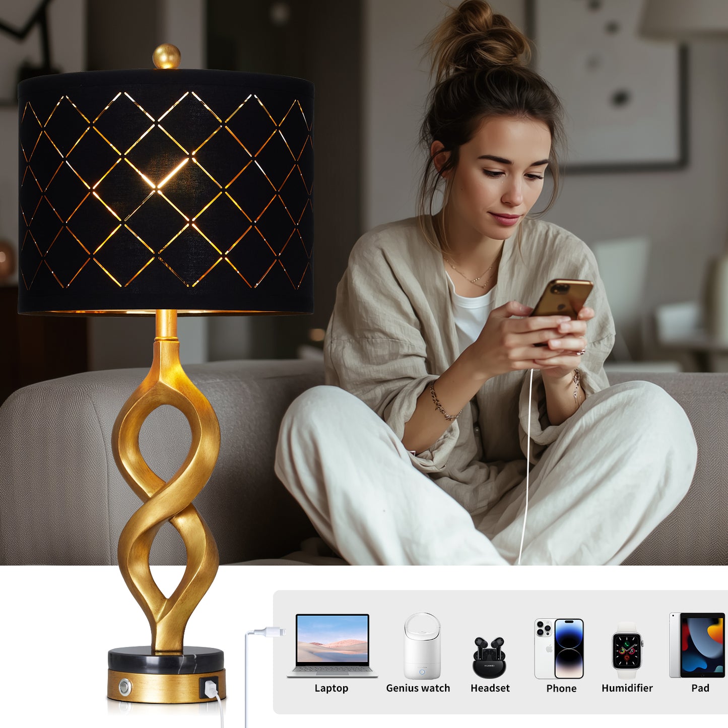 Cinkeda Modern Table Lamp Set of 2 with USB A+C Ports for Bedroom Living Room,Resin Nightstand 3-Way Dimmable Touch Bedside Lamp
