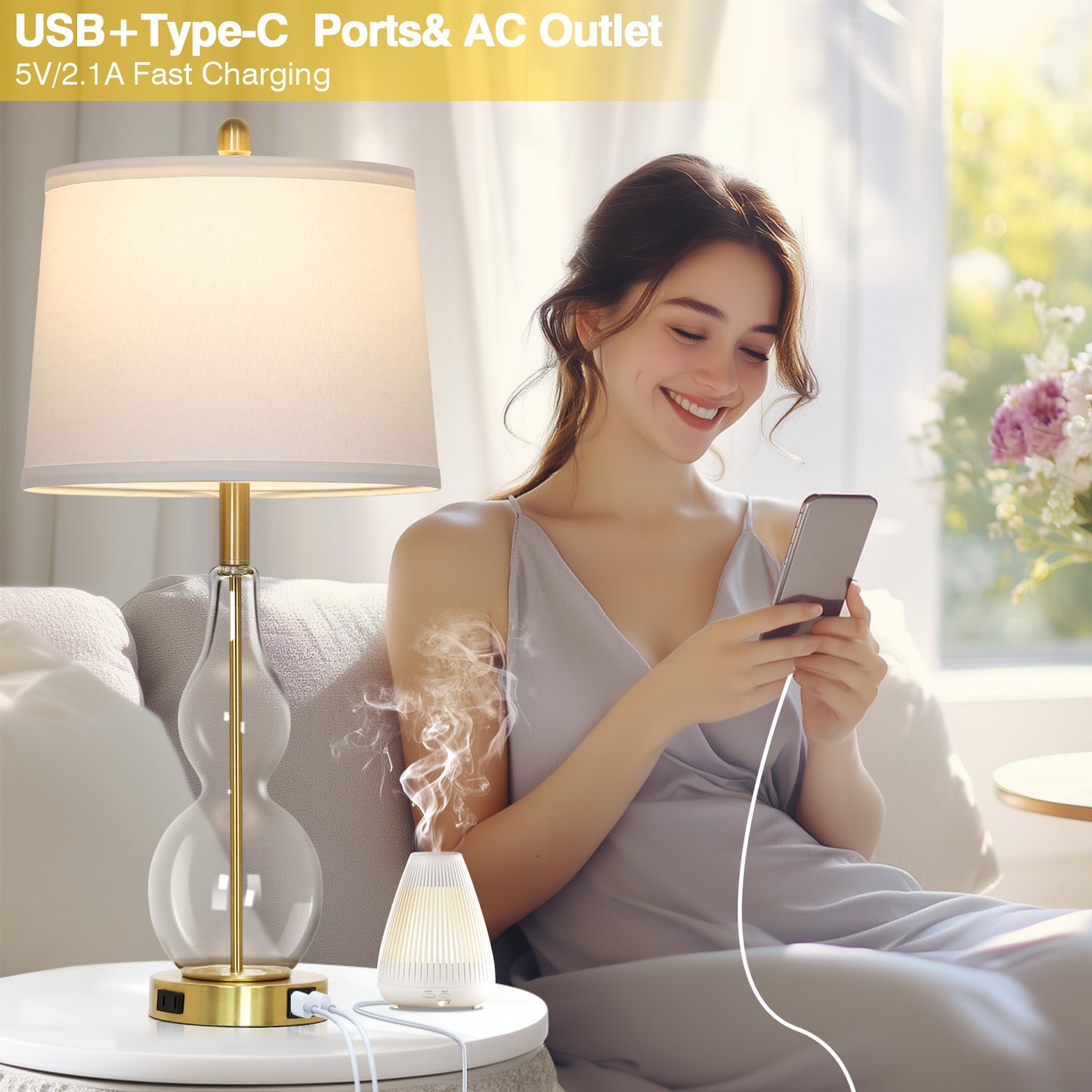 Cinkeda Clear Glass Table Lamp Set of 2 for Living Room Bedroom 27.5" 3-Way Dimmable Touch Control Bedside Lamps with USB Ports AC Outlet Morden Clear Glass Nightstand Lamp