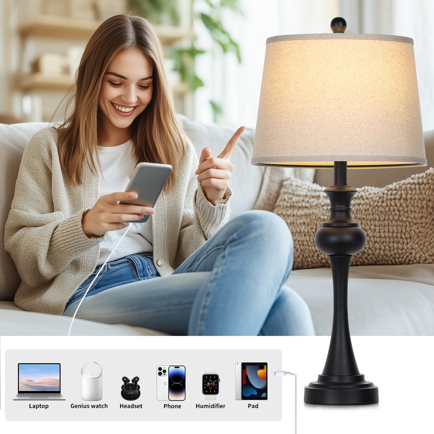Cinkeda Single Table Lamp for Bedroom Living Room 28.75" Industrial Black 3 Way Dimmable Touch Control Nightstand Bedside Lamp with USB C+A Ports AC Outlet