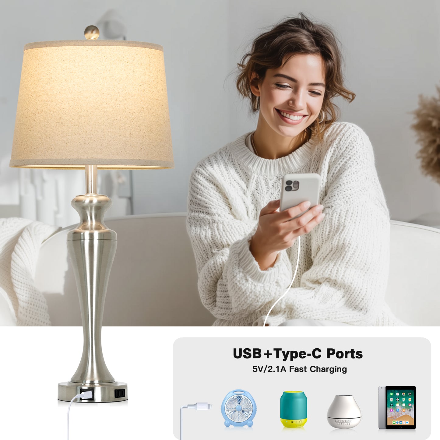 30" Classic Table Lamp, Silver Base with USB/Type-C & AC Outlet, Linen Shade, E26 Dimmable LED Bulb Included, 3-Way Touch Switch for Bedroom/Living Room(Set of 2)